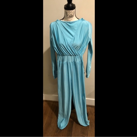 Shiny, stretchy  blue Bodycon vneck, skinny leg  jumpsuit women’s onsie size L - Picture 5 of 9